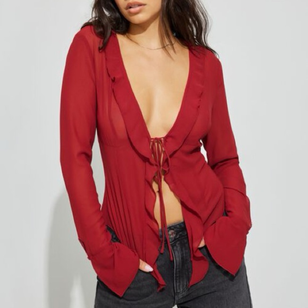 Garage Red Tie Front Mesh Top Size XL
